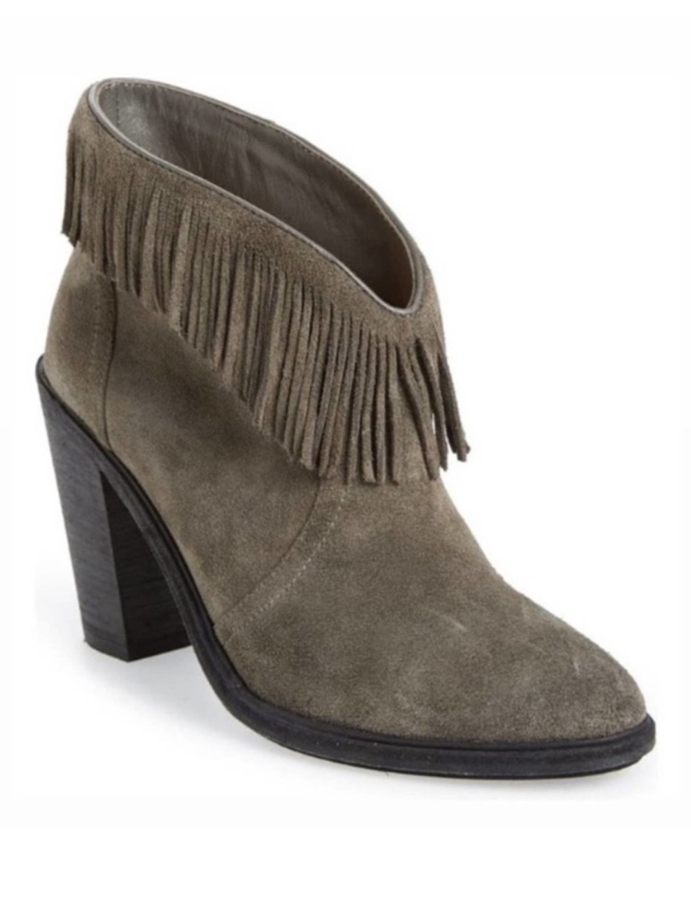 JOIE Loren Fringe Gray Suede Chunky Heel Booties Size 38 Western Boho